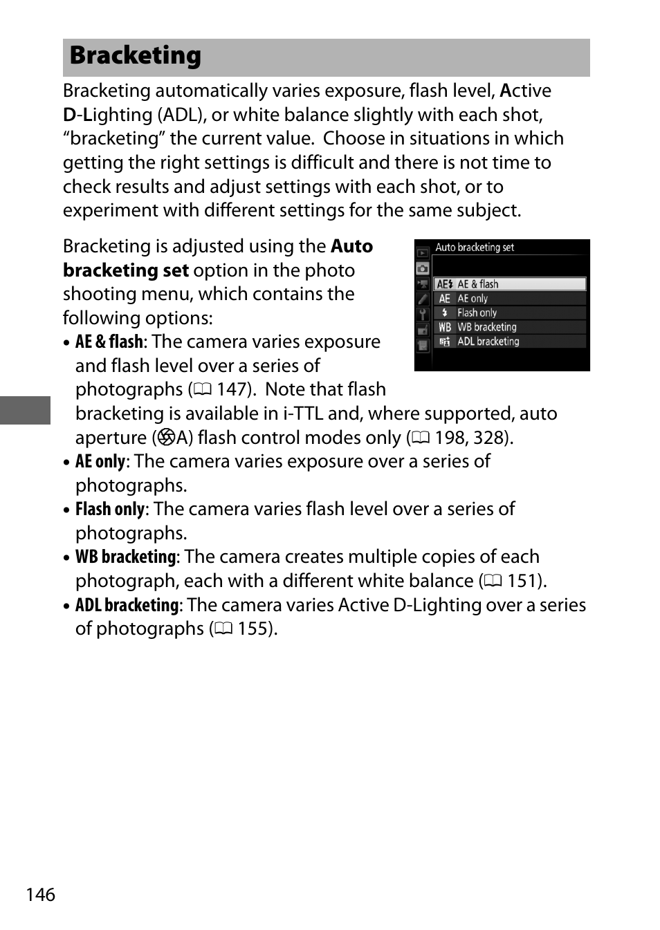 Bracketing, 0 146), h | Nikon D500 User Manual | Page 172 / 432