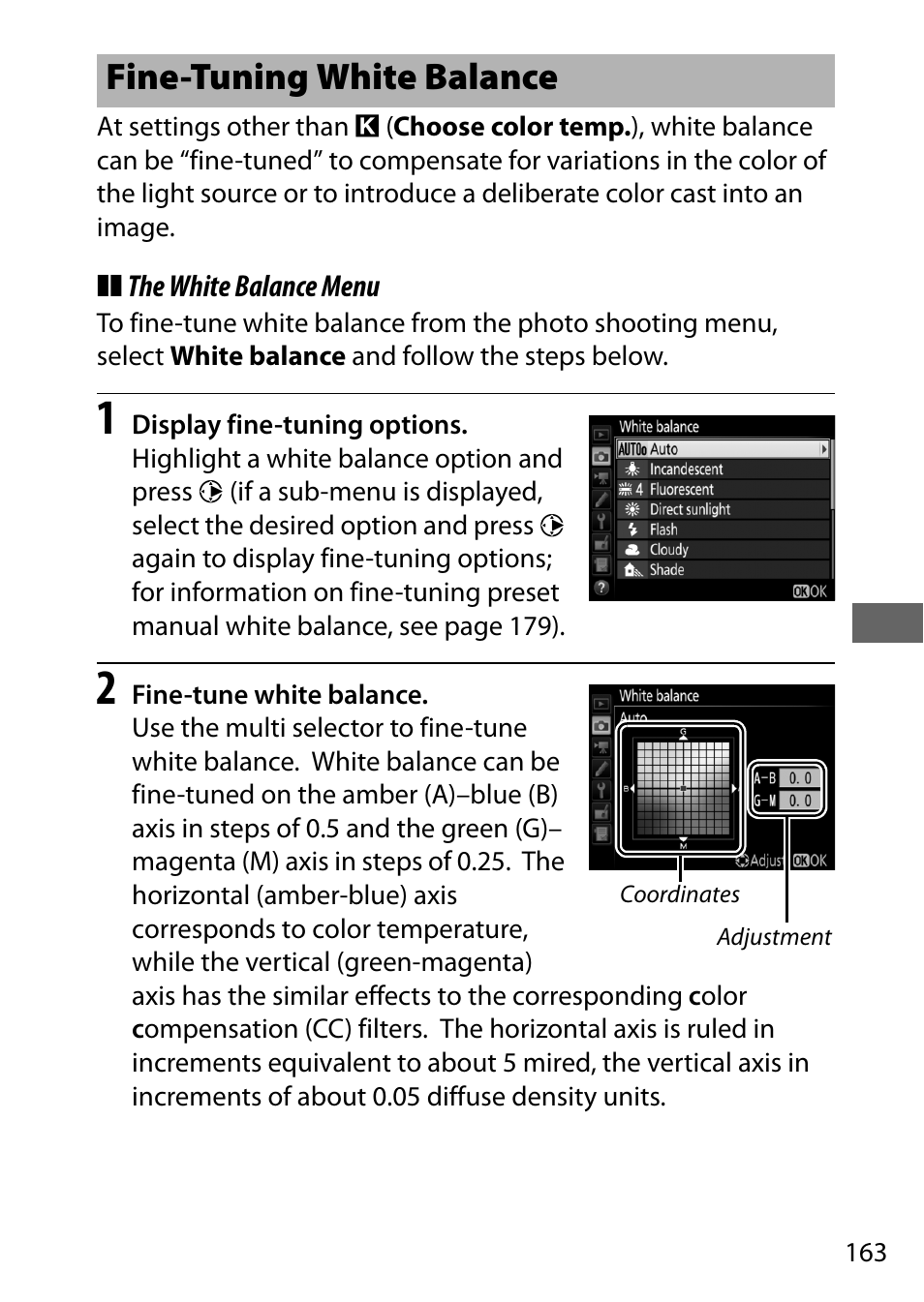 Fine-tuning white balance, 0 163) or | Nikon D500 User Manual | Page 189 / 432