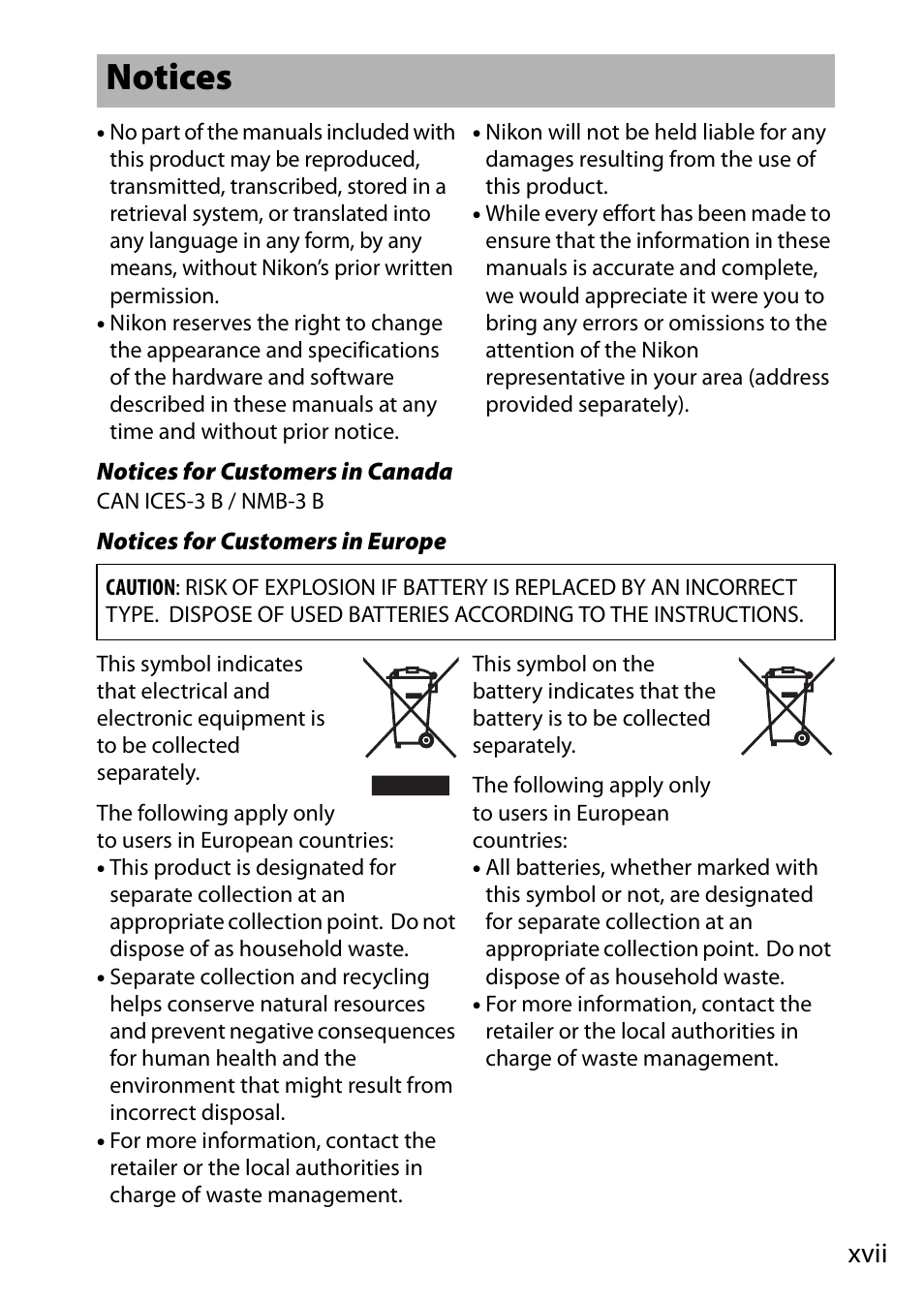 Notices, Xvii | Nikon D500 User Manual | Page 19 / 432