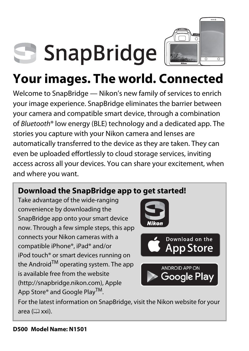 Your images. the world. connected, Download the snapbridge app to get started | Nikon D500 User Manual | Page 2 / 432