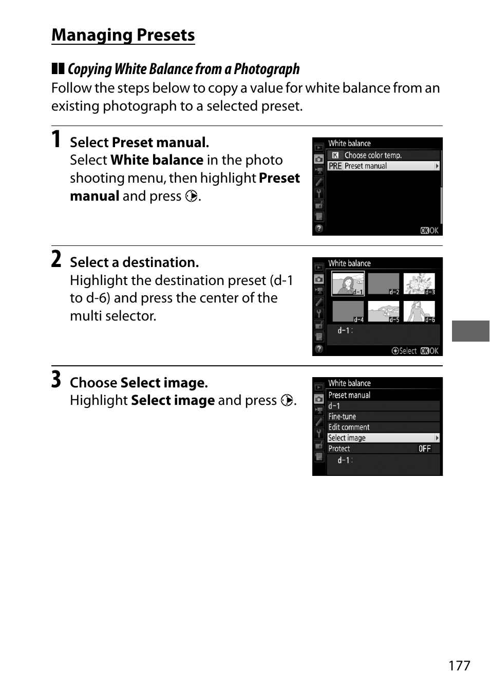 Managing presets | Nikon D500 User Manual | Page 203 / 432