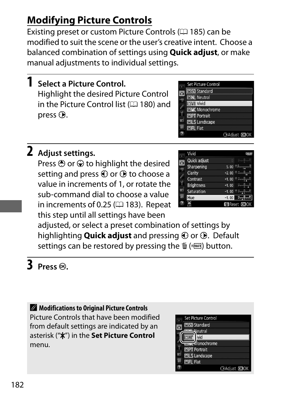 Modifying picture controls | Nikon D500 User Manual | Page 208 / 432