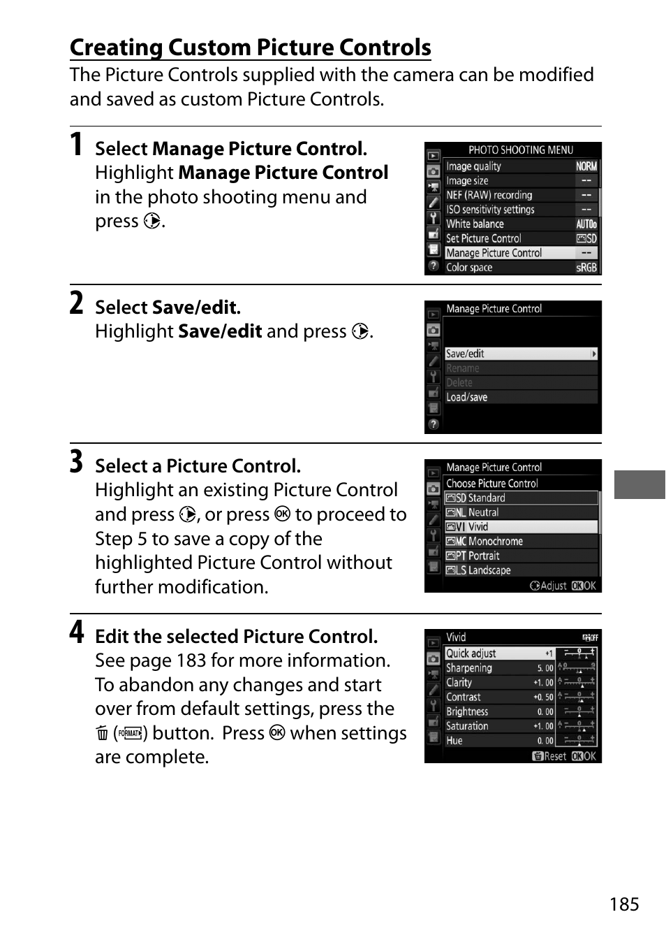 Creating custom picture controls | Nikon D500 User Manual | Page 211 / 432