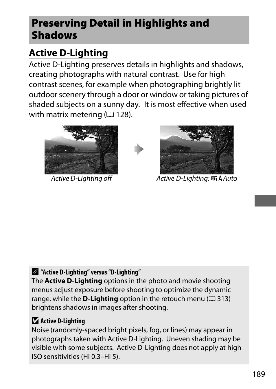 Preserving detail in highlights and shadows, Active d-lighting | Nikon D500 User Manual | Page 215 / 432