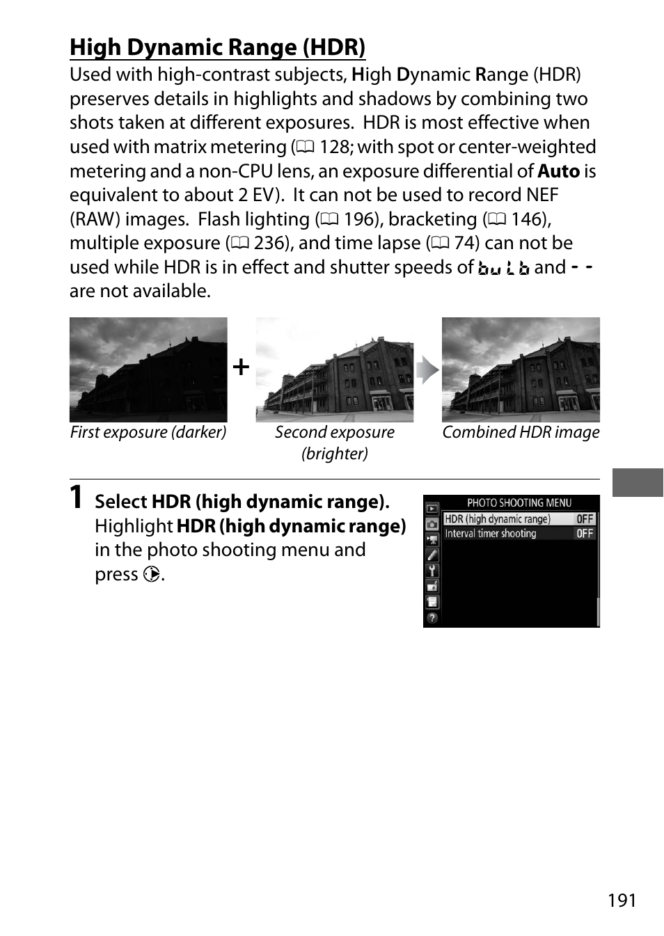 High dynamic range (hdr), 0 191) or | Nikon D500 User Manual | Page 217 / 432