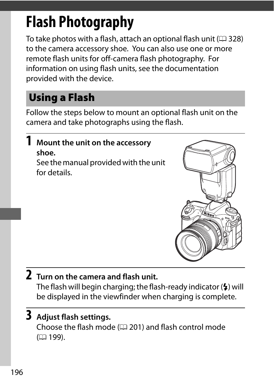 Flash photography, Using a flash, Ting | 0 196), br | Nikon D500 User Manual | Page 222 / 432