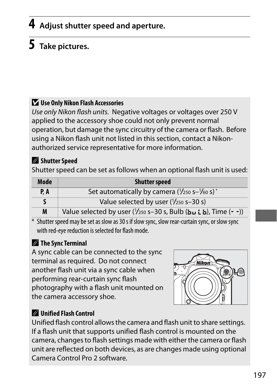 Adjust shutter speed and aperture, Take pictures. d | Nikon D500 User Manual | Page 223 / 432