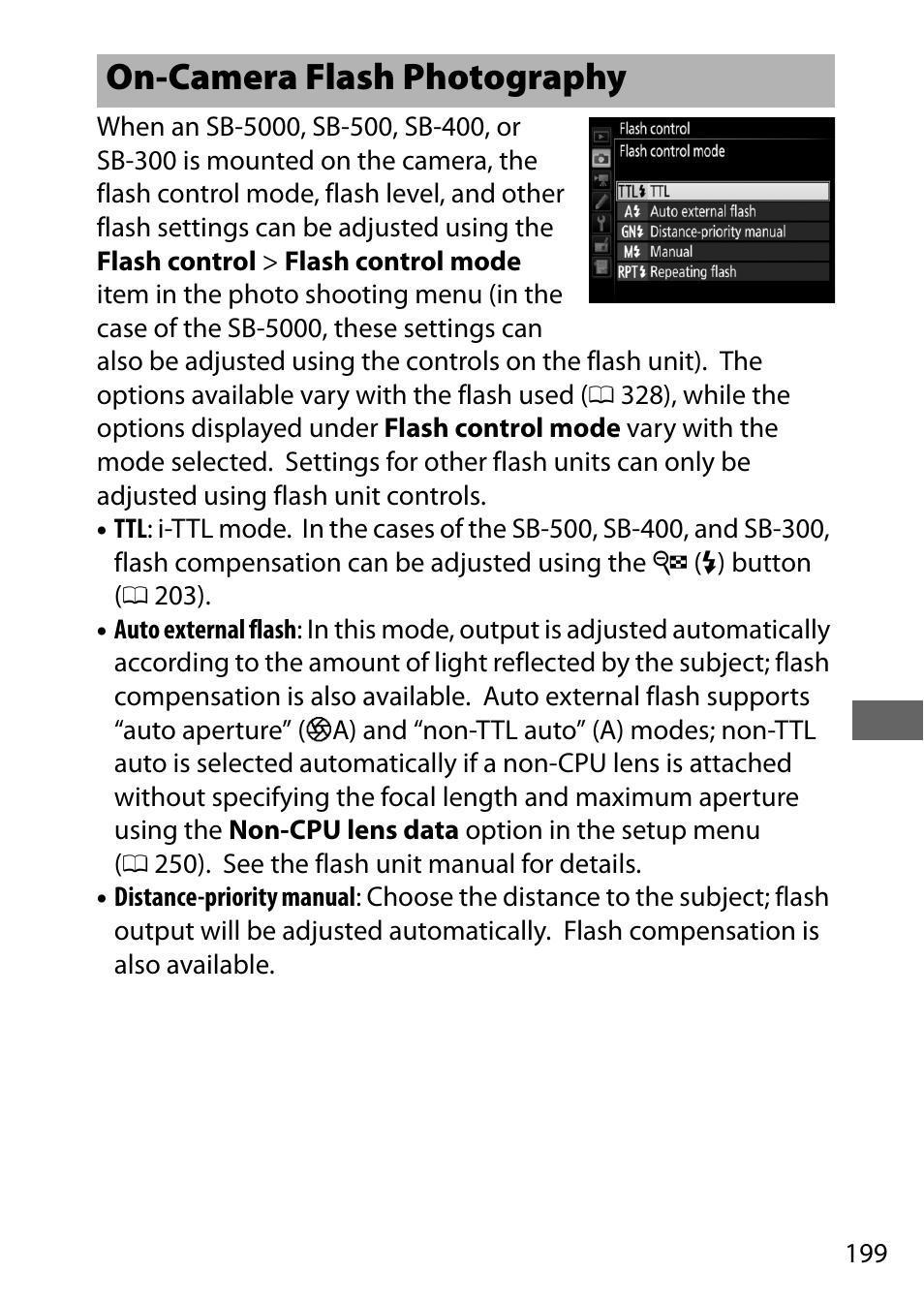 On-camera flash photography | Nikon D500 User Manual | Page 225 / 432