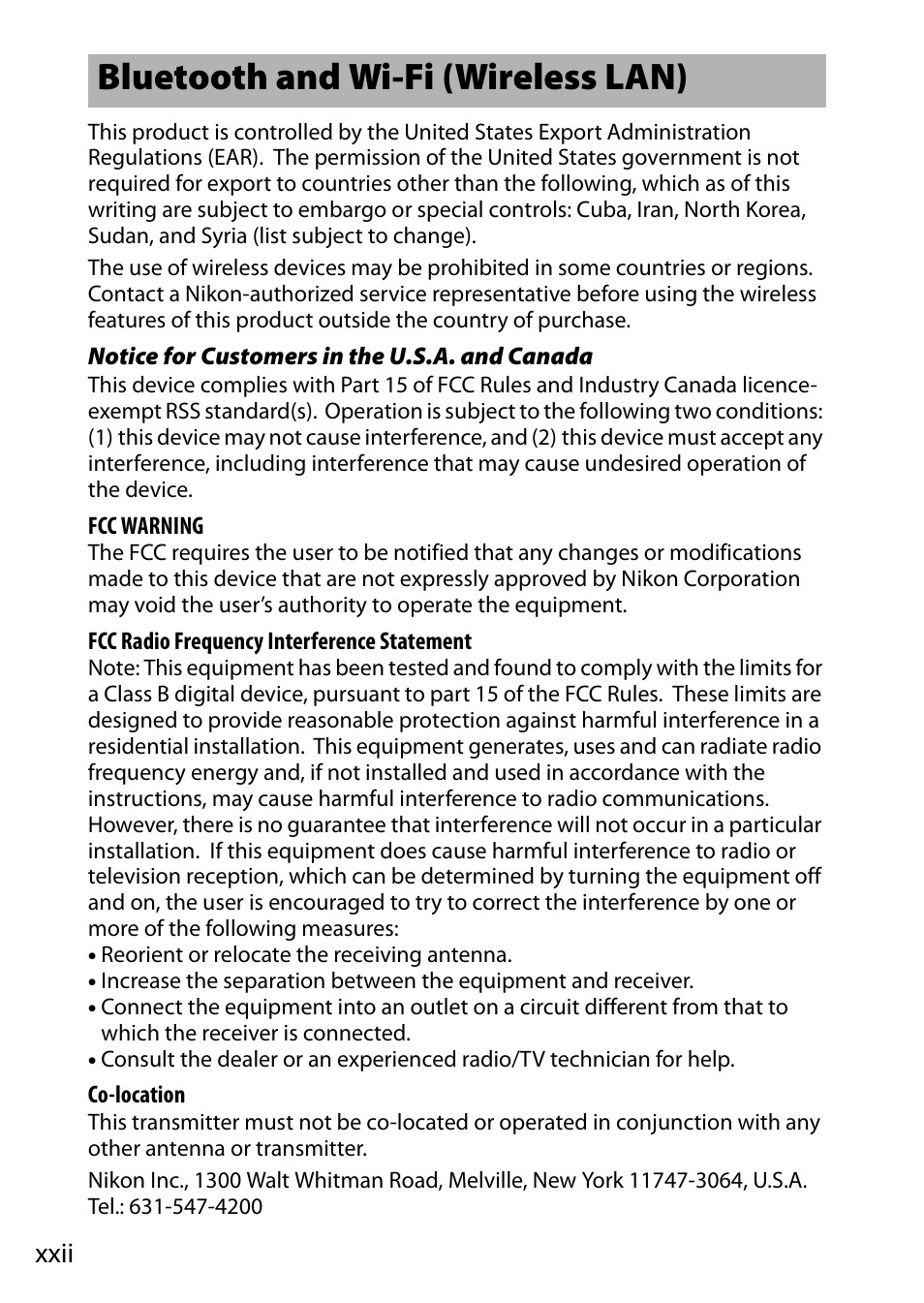 Bluetooth and wi-fi (wireless lan), Xxii | Nikon D500 User Manual | Page 24 / 432