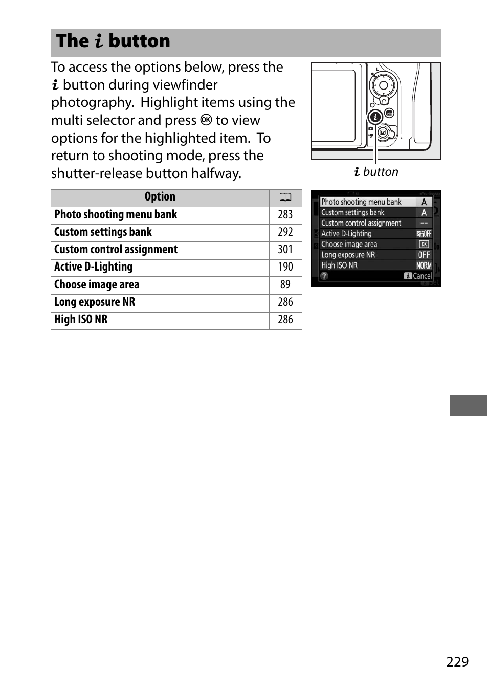 The i button | Nikon D500 User Manual | Page 255 / 432