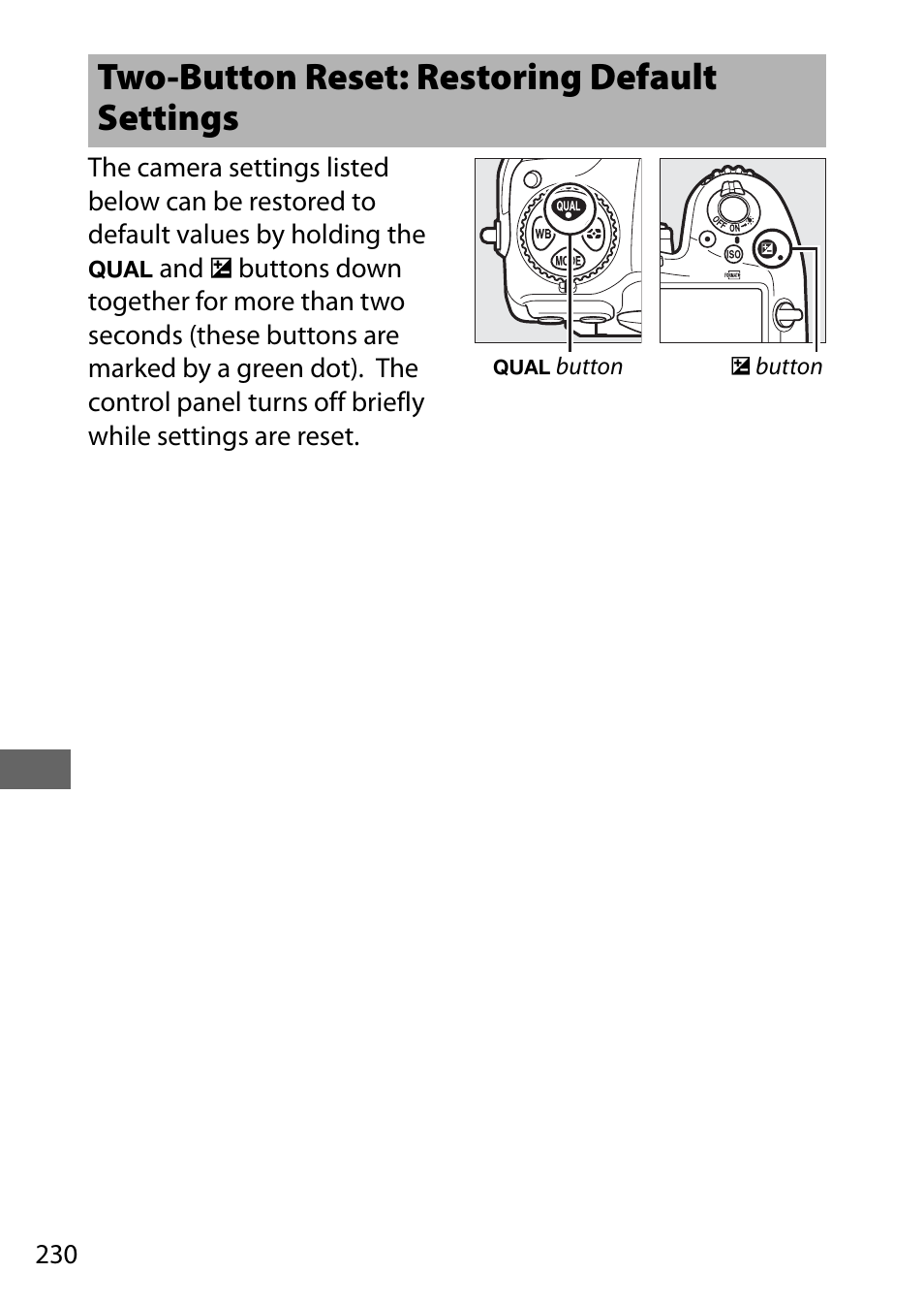 Two-button reset: restoring default settings, 0 230), although in | Nikon D500 User Manual | Page 256 / 432