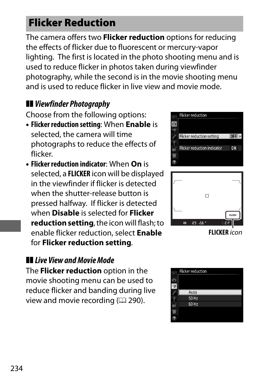 Flicker reduction | Nikon D500 User Manual | Page 260 / 432