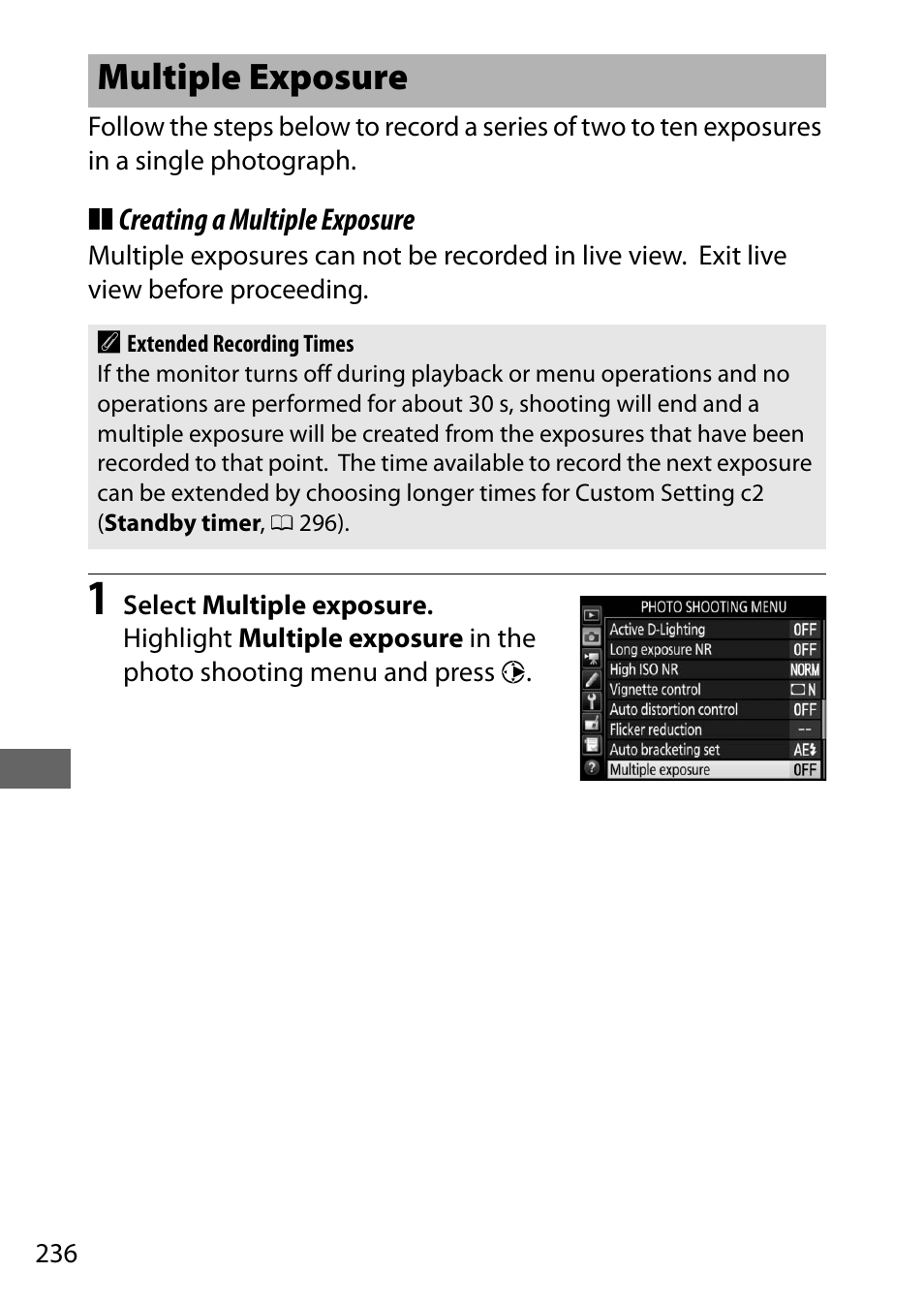 Multiple exposure, 0 236), or int, 0 236), and | Nikon D500 User Manual | Page 262 / 432