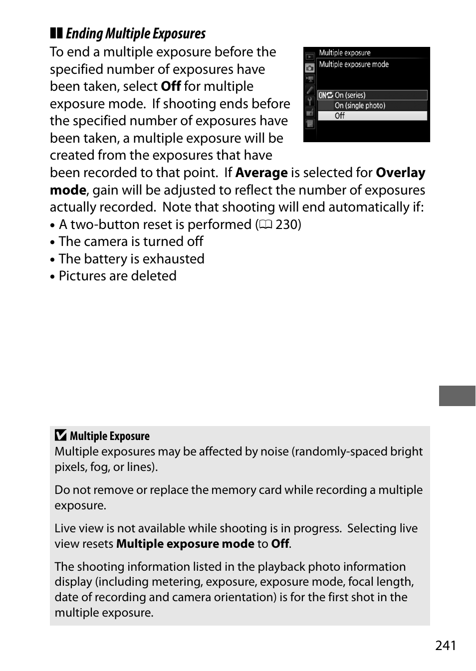 Ending multiple exposures | Nikon D500 User Manual | Page 267 / 432