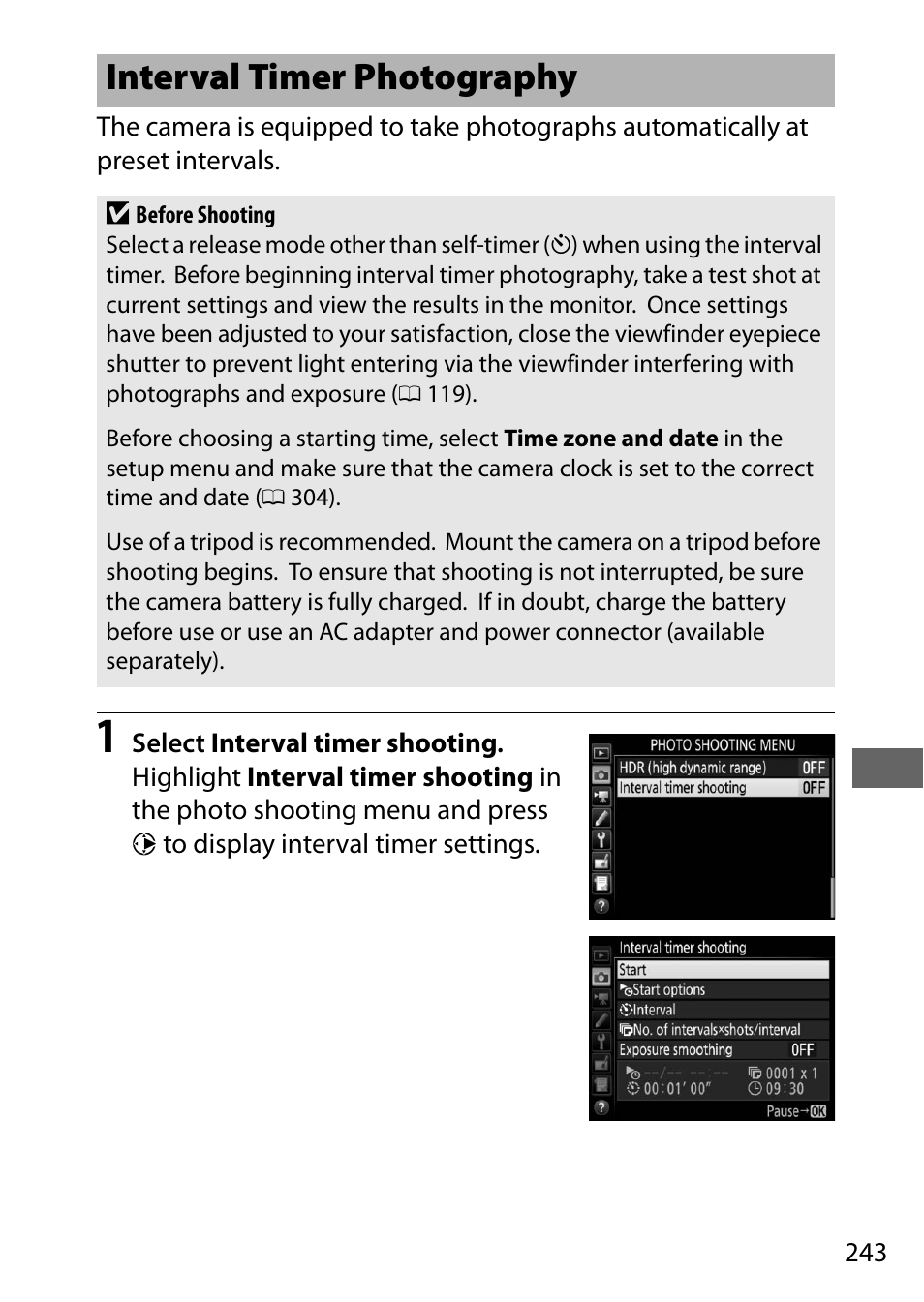 Interval timer photography, 0 243) is ac, 0 243) d | Nikon D500 User Manual | Page 269 / 432