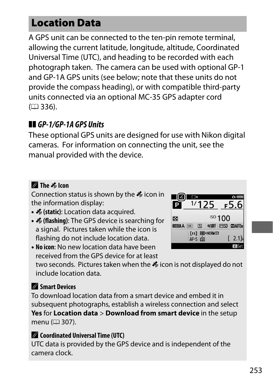 Location data, Gp-1/gp-1a gps units | Nikon D500 User Manual | Page 279 / 432