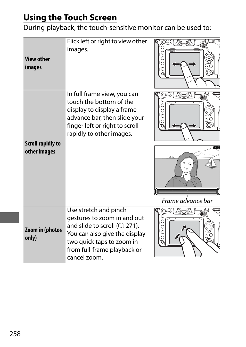 Using the touch screen, 0 258), the | Nikon D500 User Manual | Page 284 / 432