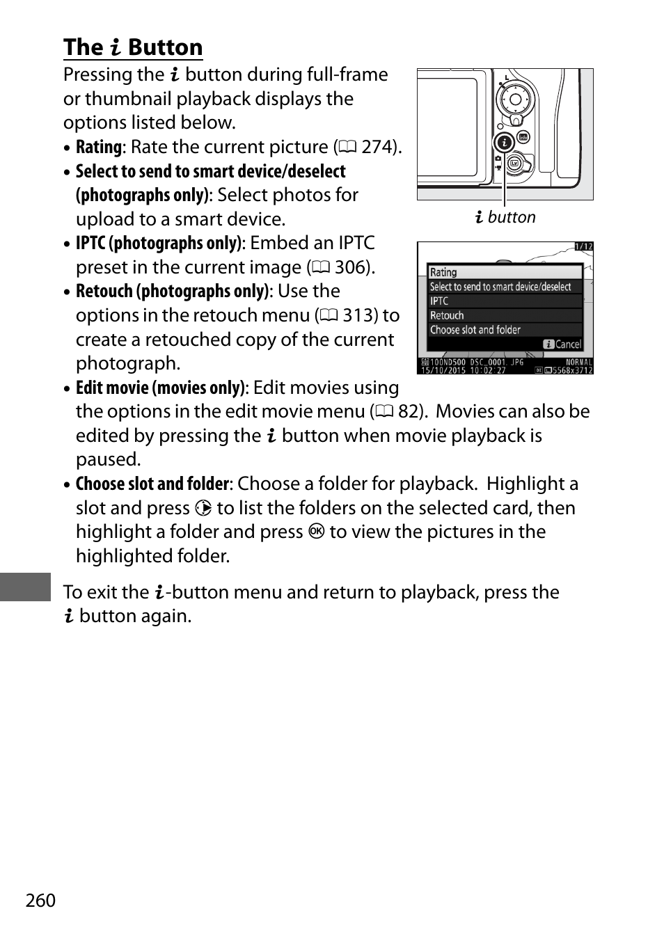 The i button | Nikon D500 User Manual | Page 286 / 432