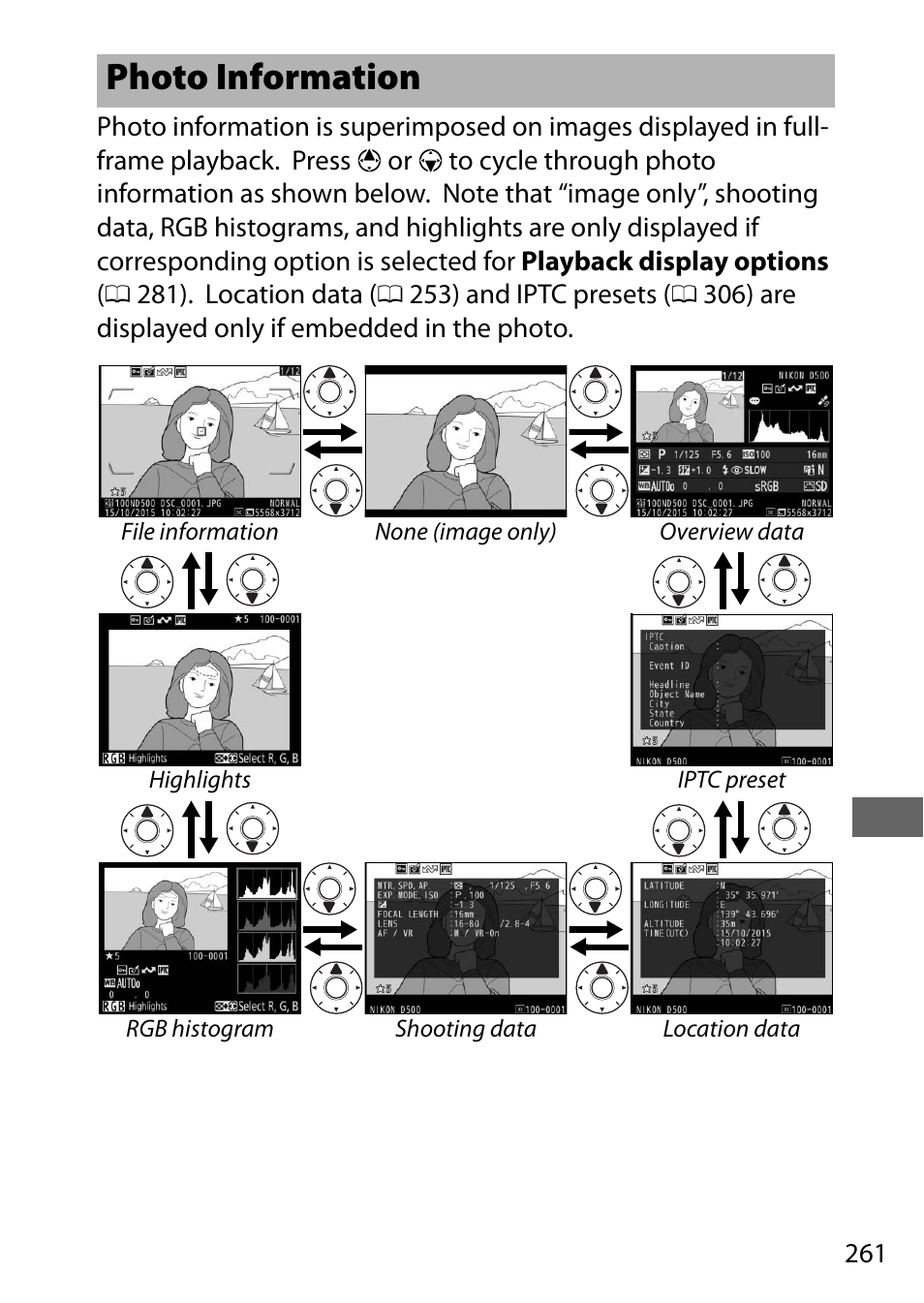 Photo information | Nikon D500 User Manual | Page 287 / 432