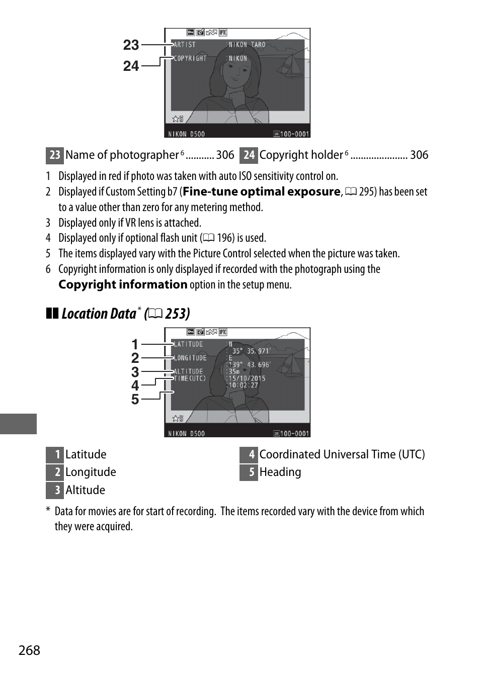 Location data | Nikon D500 User Manual | Page 294 / 432