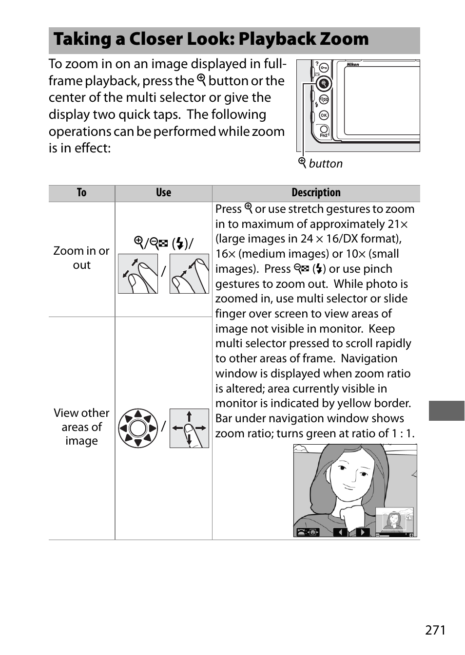 Taking a closer look: playback zoom | Nikon D500 User Manual | Page 297 / 432