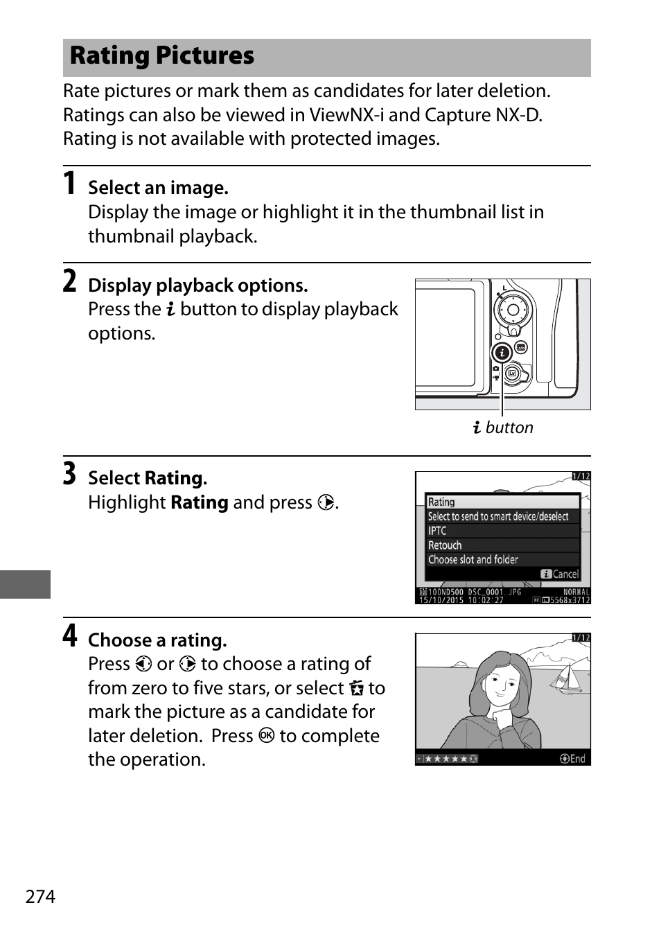 Rating pictures | Nikon D500 User Manual | Page 300 / 432