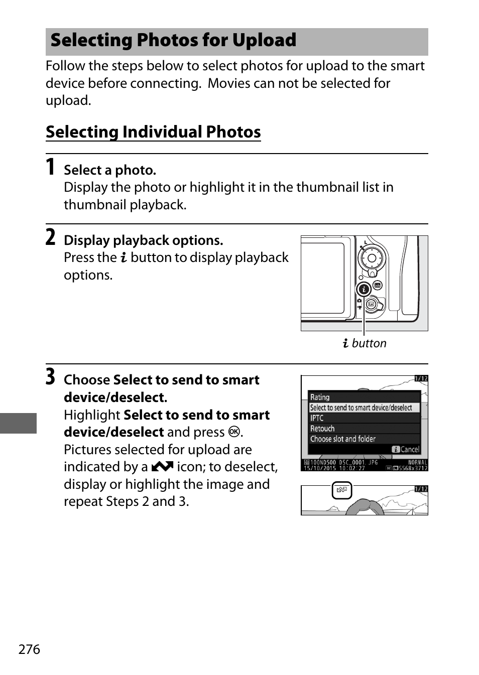 Selecting photos for upload, Selecting individual photos, 0 276), o | Nikon D500 User Manual | Page 302 / 432