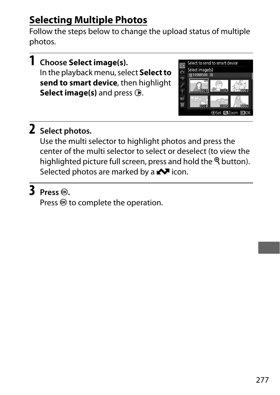 Selecting multiple photos | Nikon D500 User Manual | Page 303 / 432