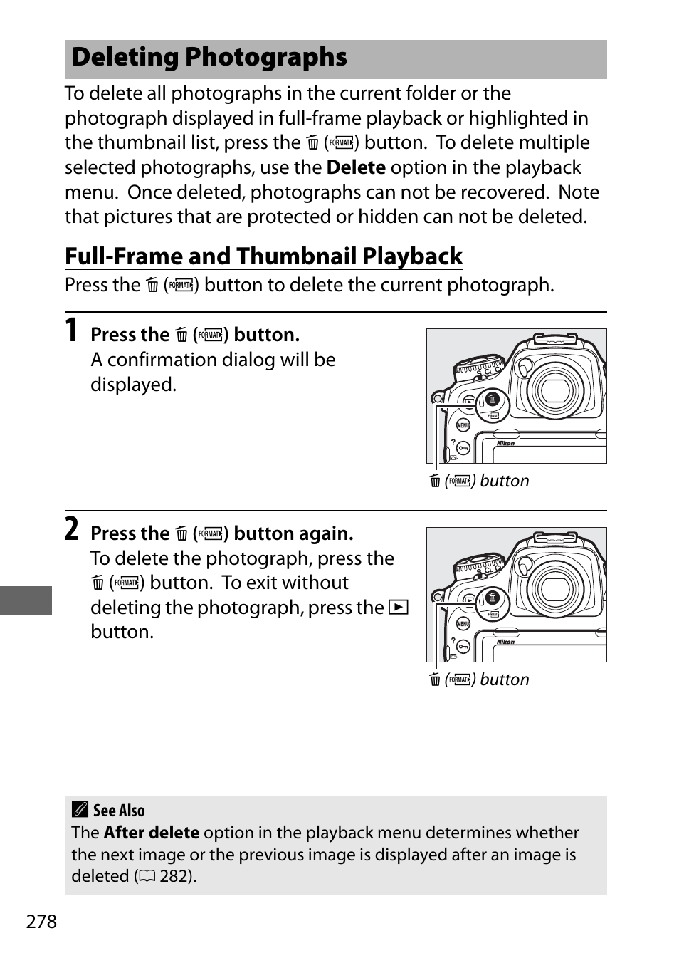 Deleting photographs, Full-frame and thumbnail playback | Nikon D500 User Manual | Page 304 / 432