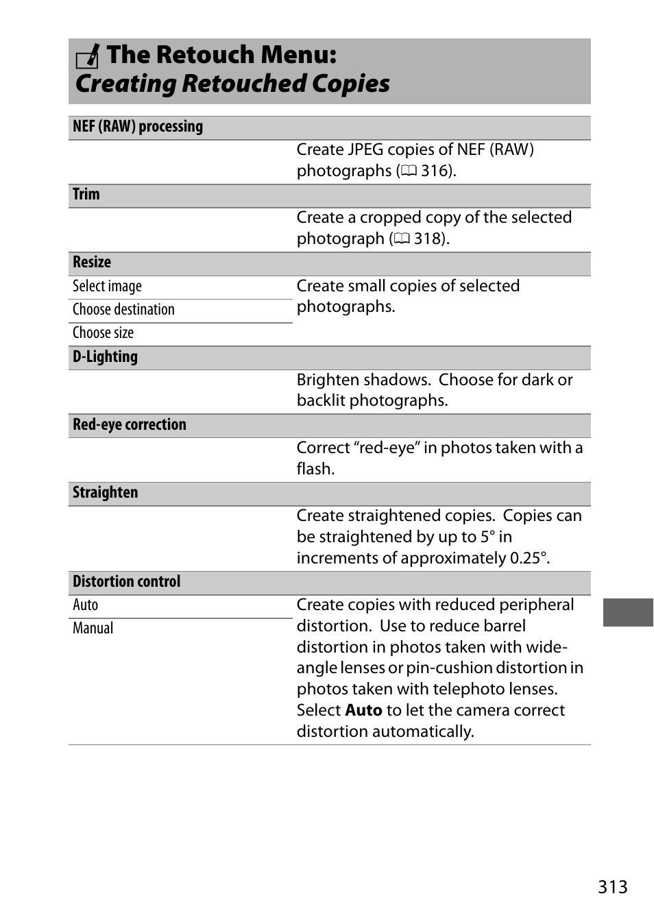 The retouch menu: creating retouched copies, 0 313) to, N the retouch menu: creating retouched copies | Nikon D500 User Manual | Page 339 / 432