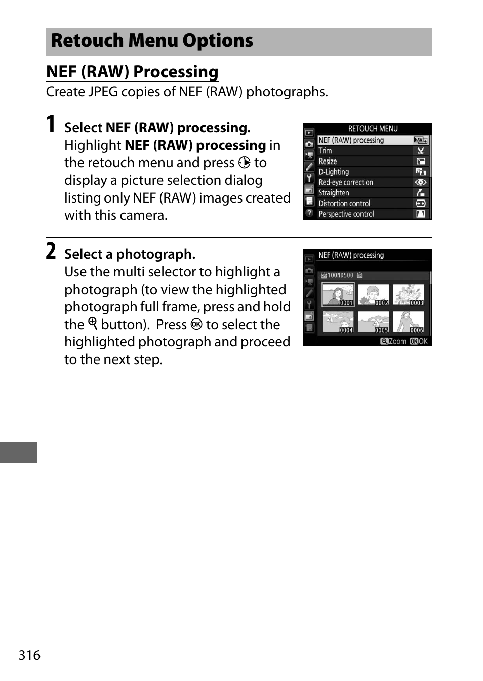 Retouch menu options, Nef (raw) processing | Nikon D500 User Manual | Page 342 / 432