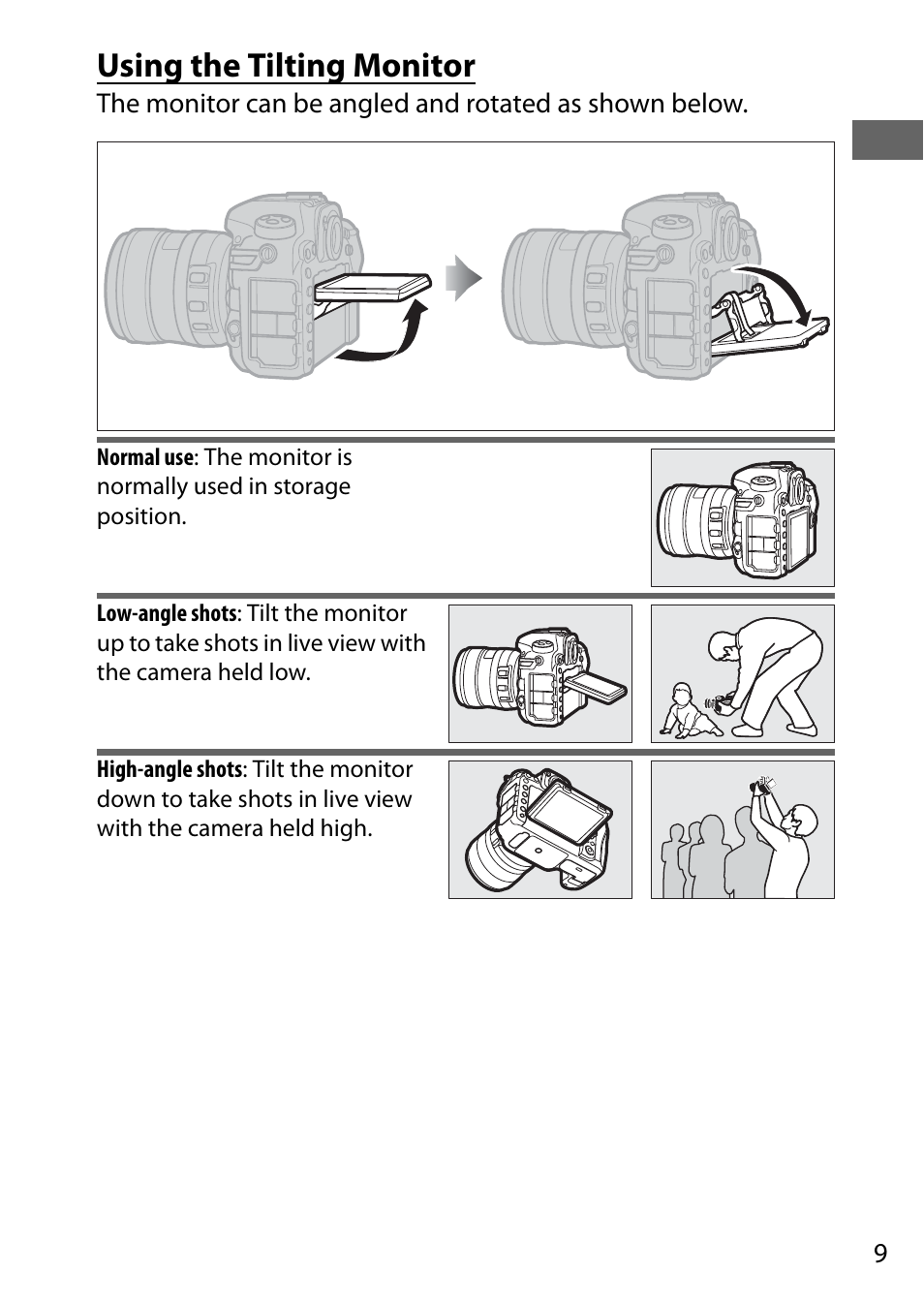 Using the tilting monitor | Nikon D500 User Manual | Page 35 / 432