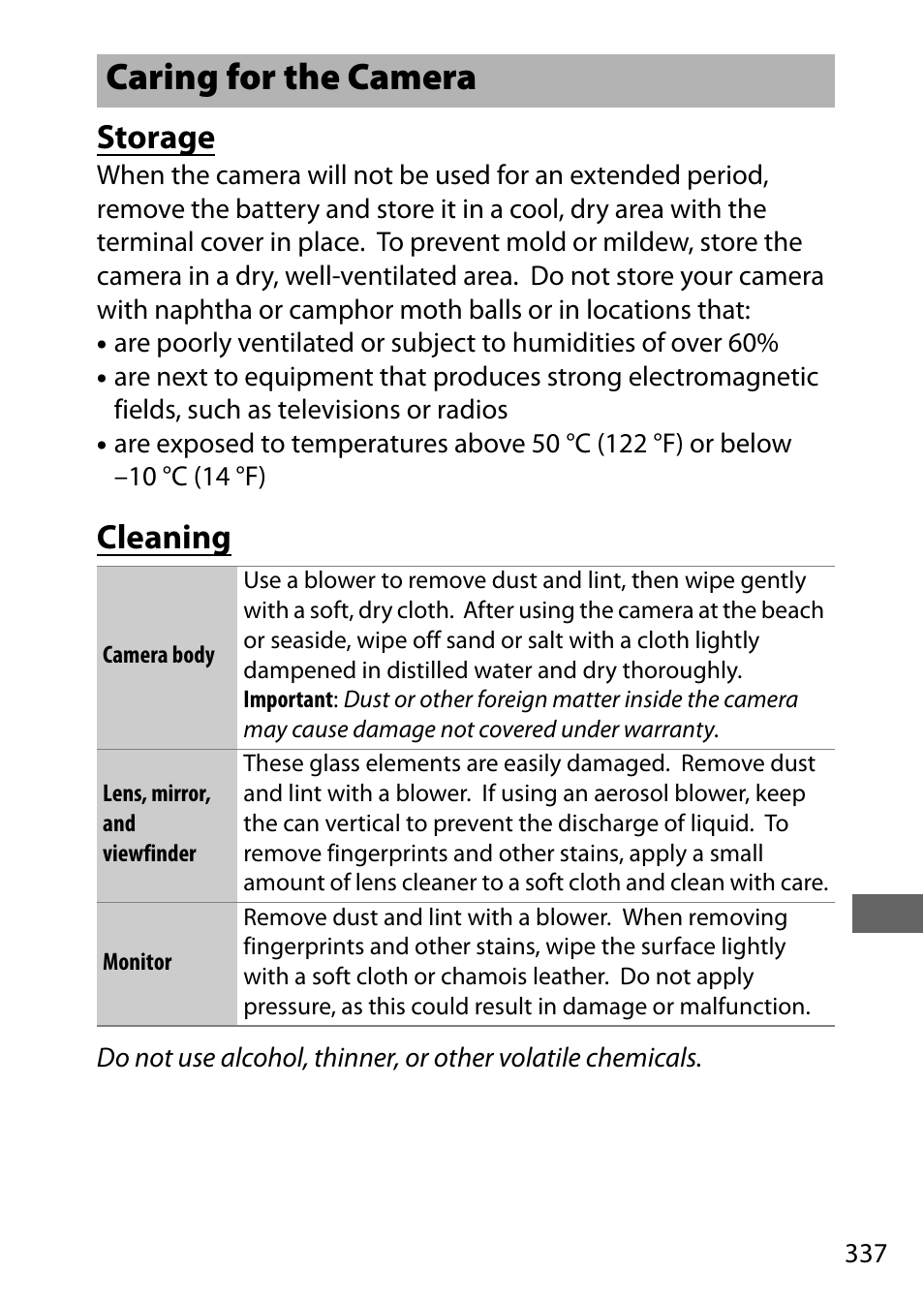 Caring for the camera, Storage, Cleaning | Nikon D500 User Manual | Page 363 / 432