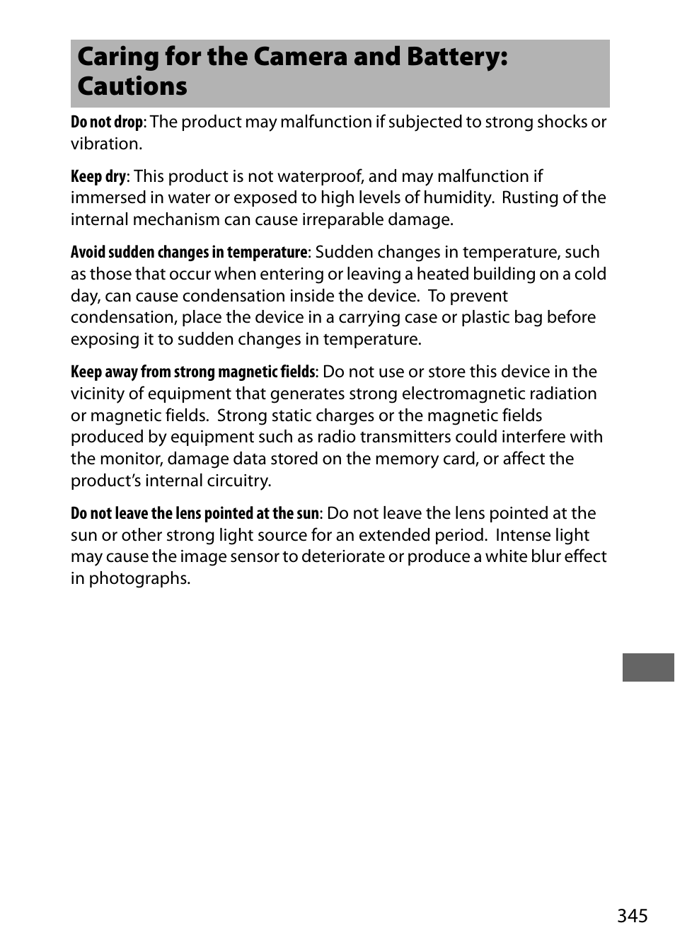 Caring for the camera and battery: cautions | Nikon D500 User Manual | Page 371 / 432