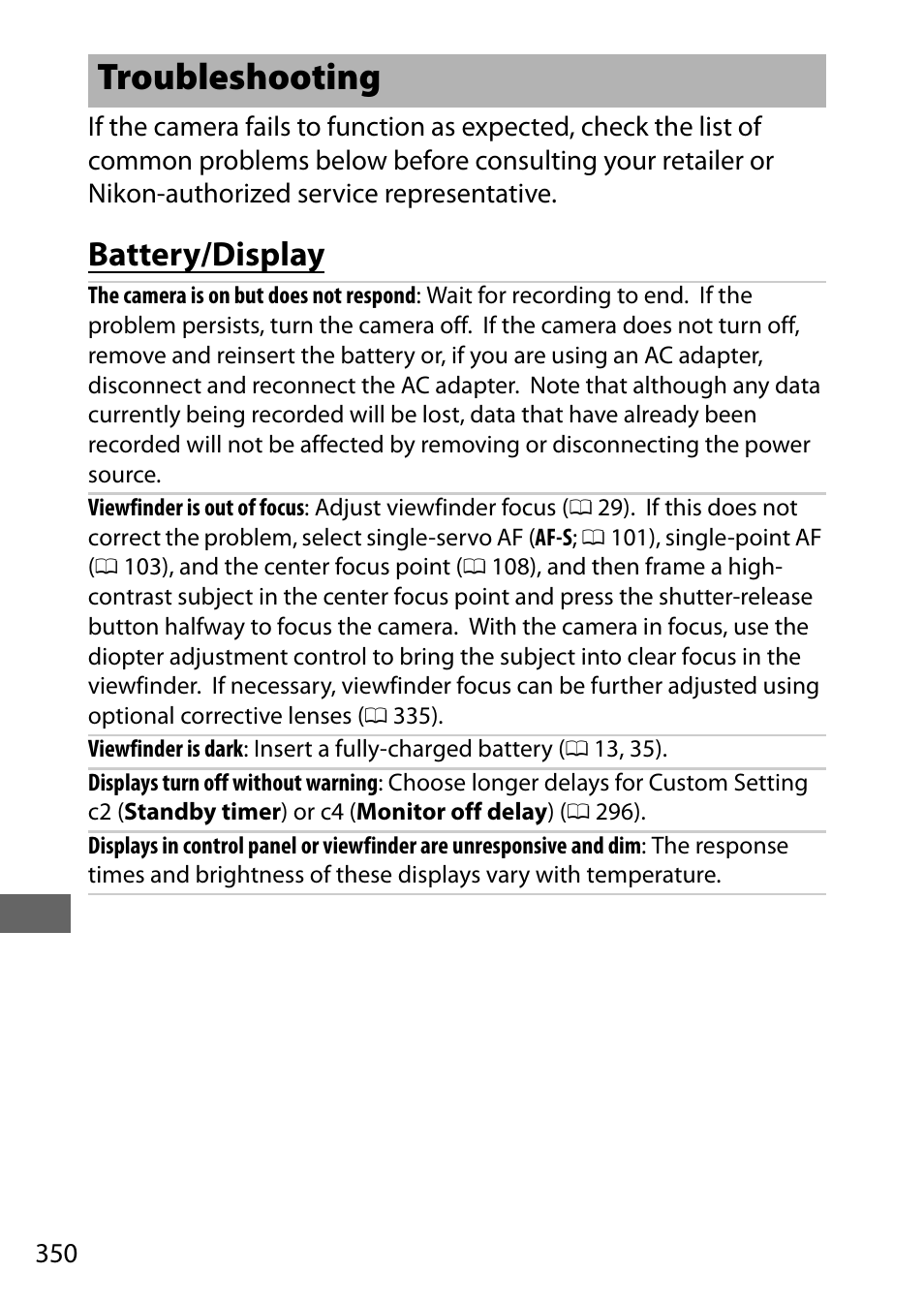 Troubleshooting, Battery/display | Nikon D500 User Manual | Page 376 / 432