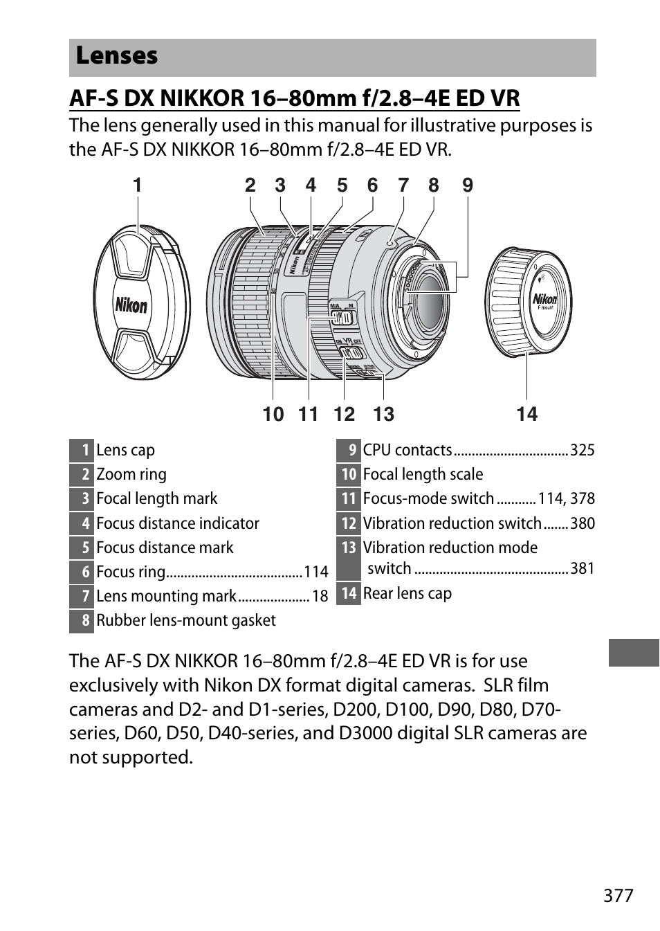 Lenses, Af-s dx nikkor 16–80mm f/2.8–4e ed vr | Nikon D500 User Manual | Page 403 / 432