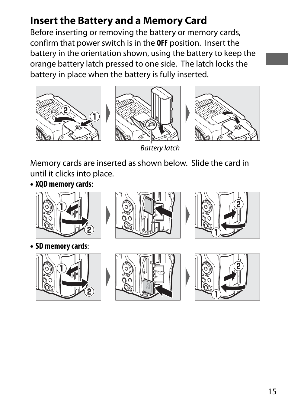Insert the battery and a memory card | Nikon D500 User Manual | Page 41 / 432