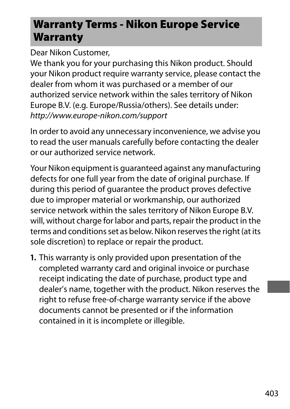 Warranty terms - nikon europe service warranty | Nikon D500 User Manual | Page 429 / 432