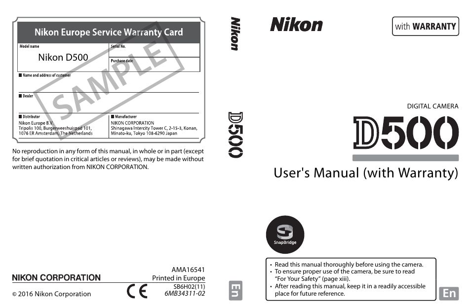 Sample, User's manual (with warranty) | Nikon D500 User Manual | Page 432 / 432