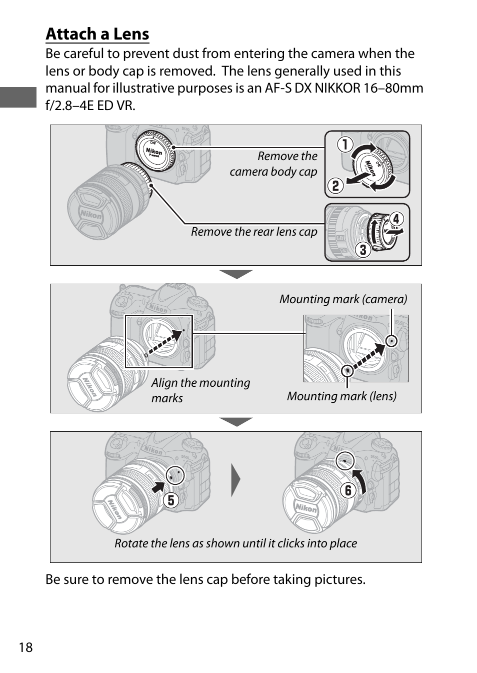 Attach a lens | Nikon D500 User Manual | Page 44 / 432