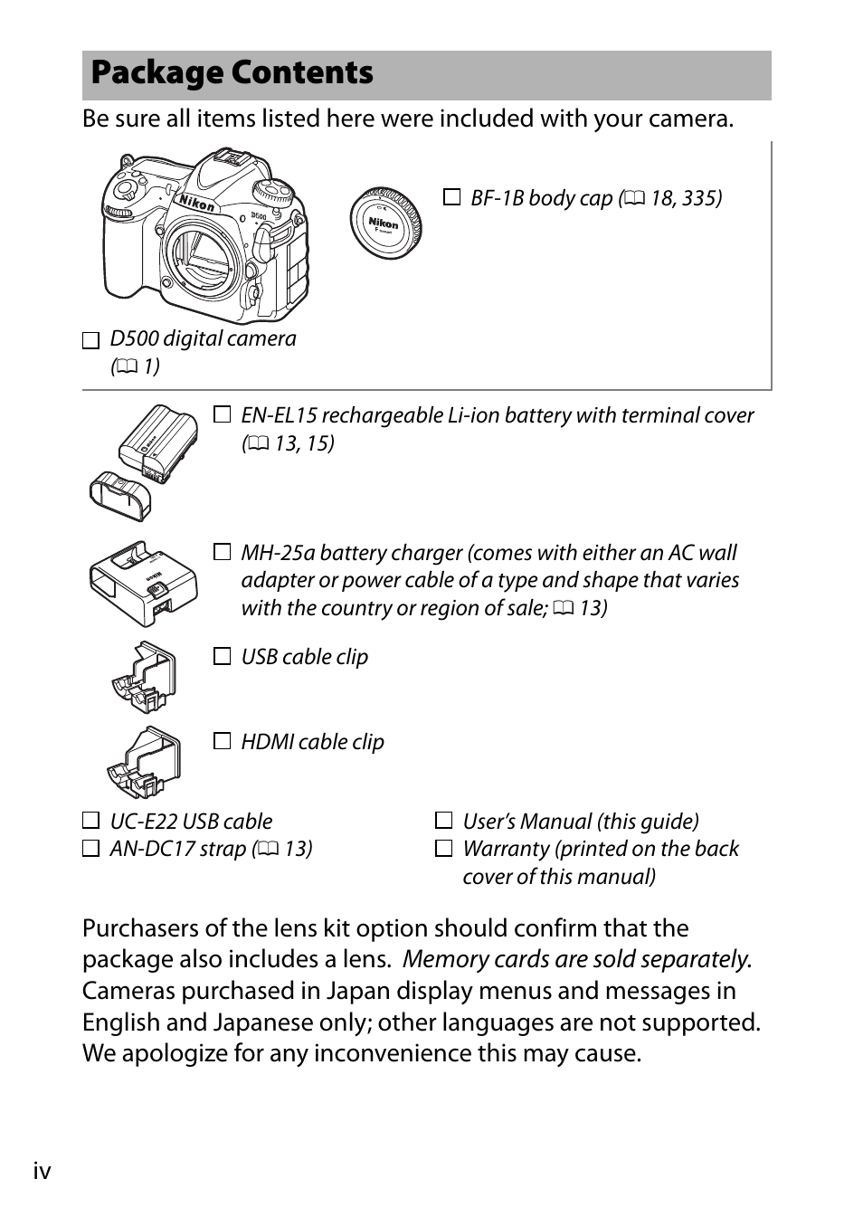 Package contents | Nikon D500 User Manual | Page 6 / 432