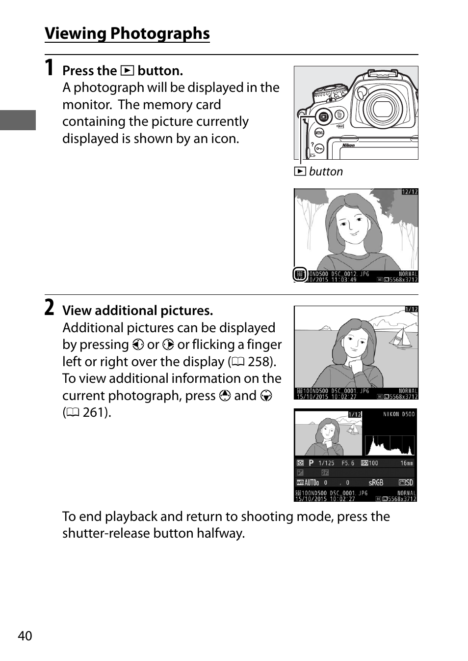 Viewing photographs | Nikon D500 User Manual | Page 66 / 432