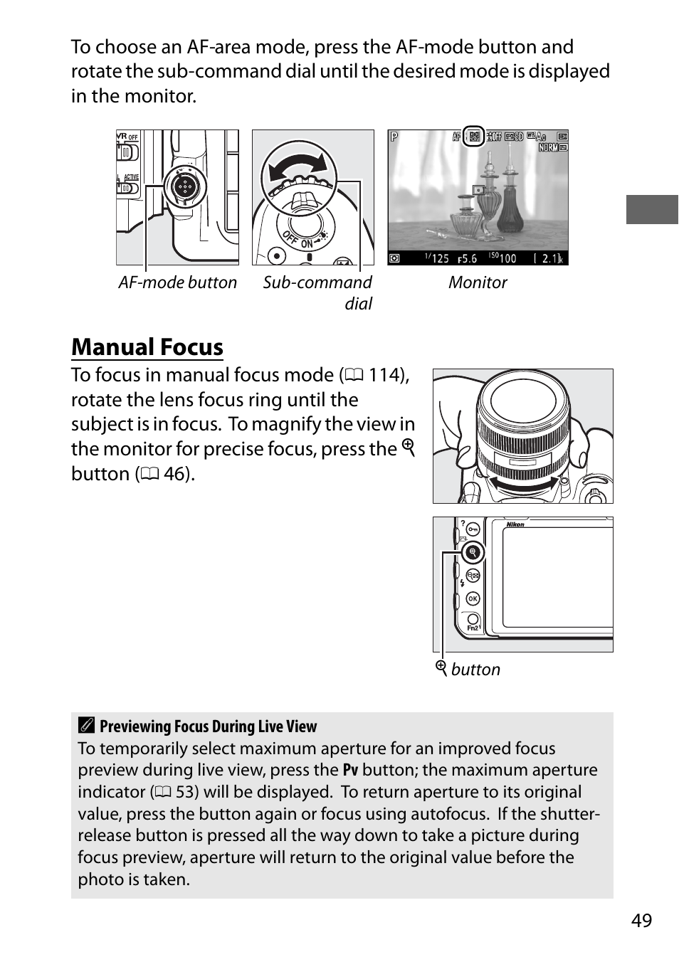 Manual focus | Nikon D500 User Manual | Page 75 / 432