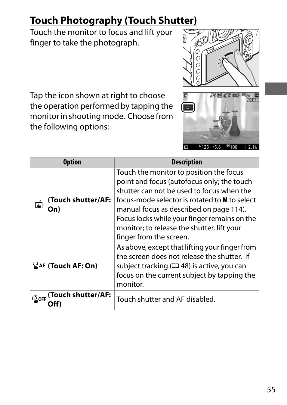 Touch photography (touch shutter), 0 55) or to measur | Nikon D500 User Manual | Page 81 / 432