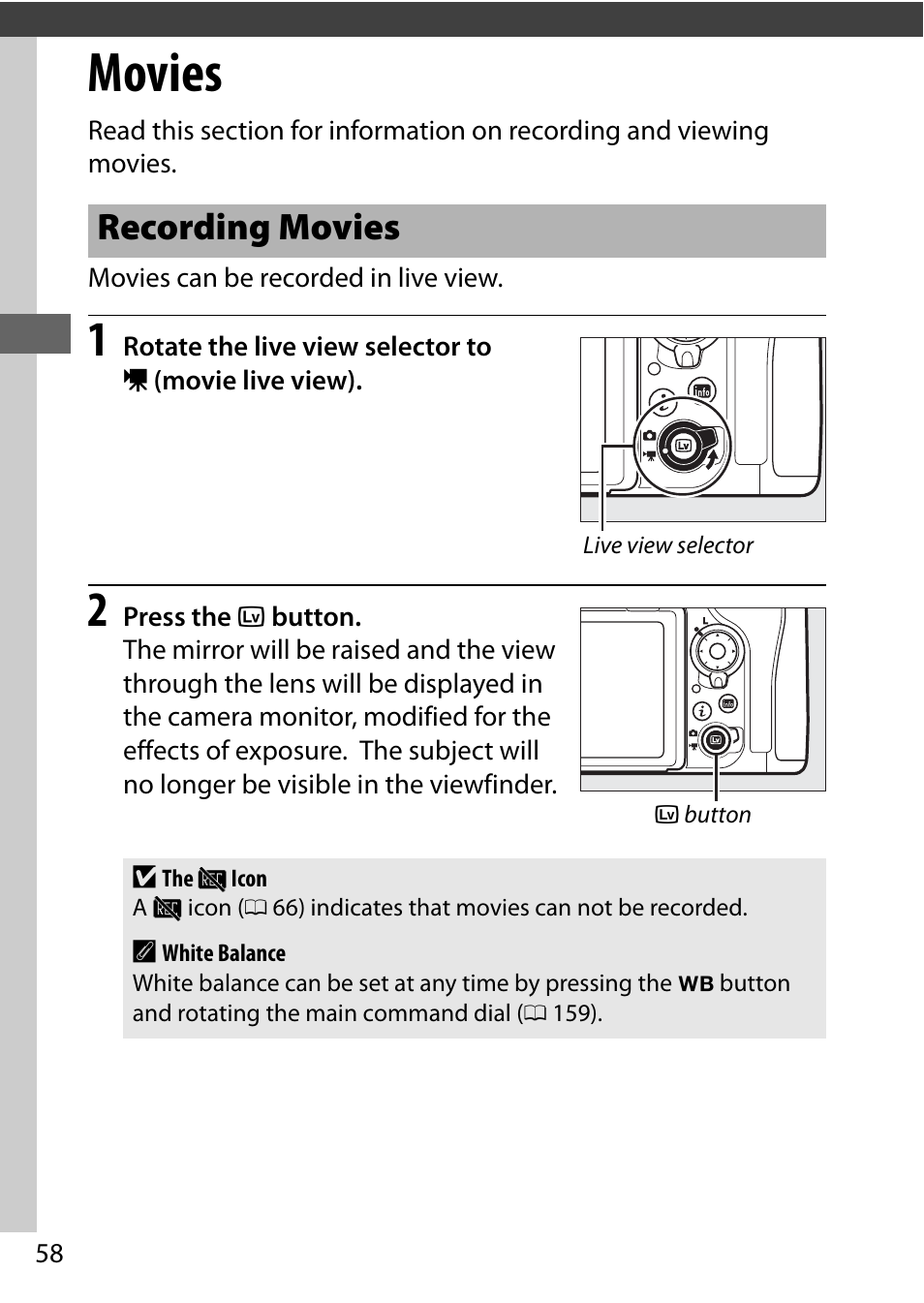 Movies, Recording movies | Nikon D500 User Manual | Page 84 / 432