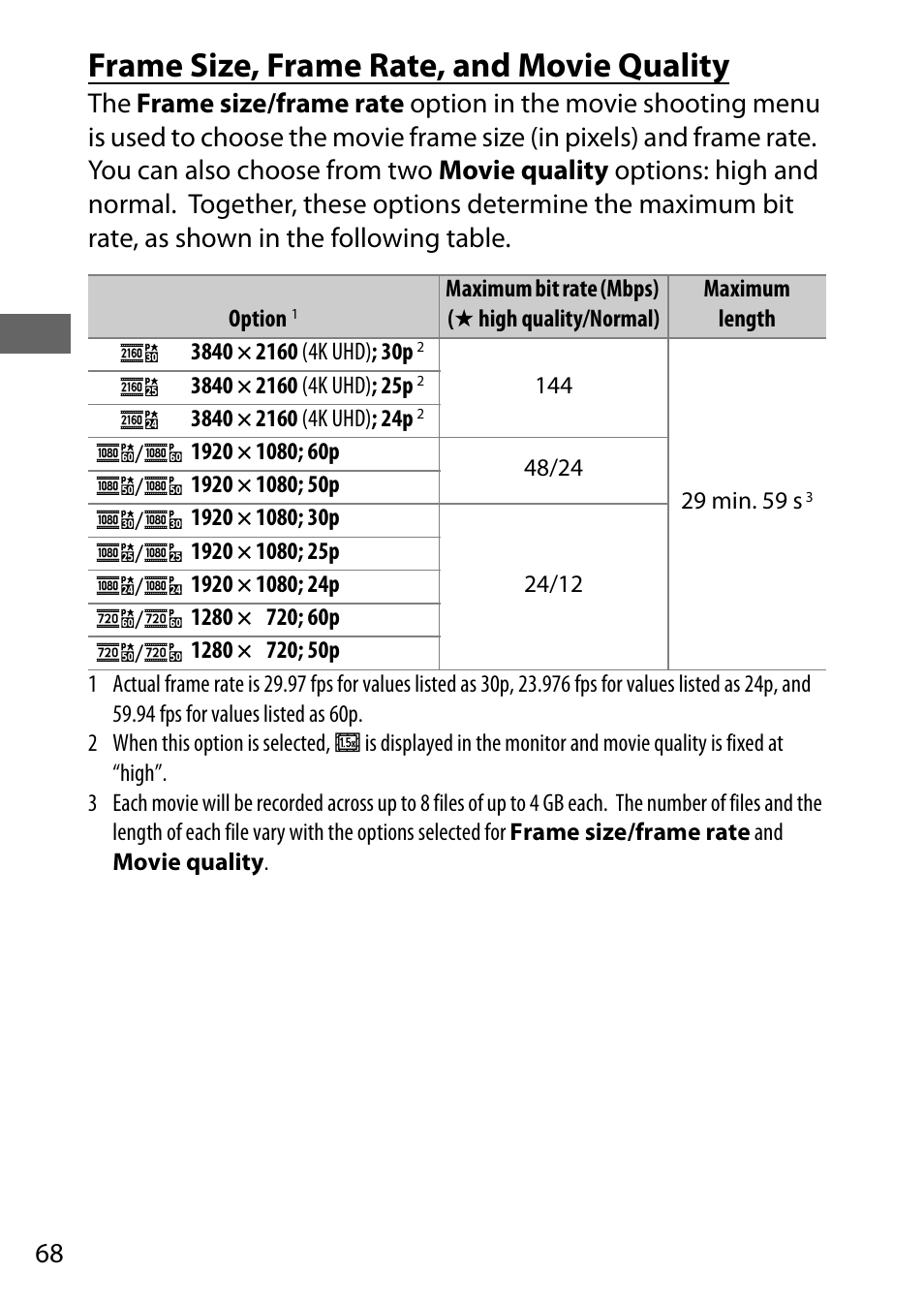 Frame size, frame rate, and movie quality | Nikon D500 User Manual | Page 94 / 432