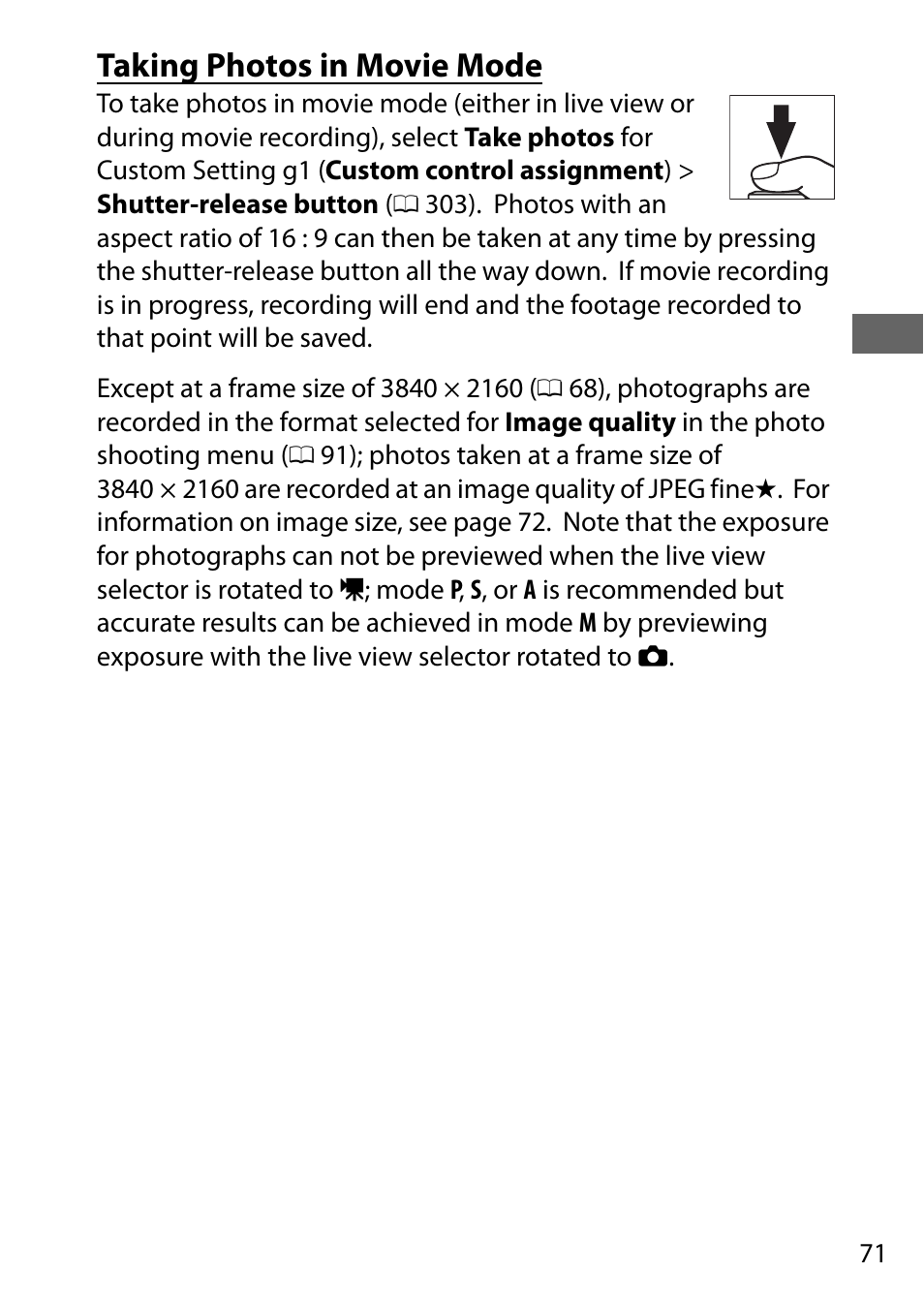 Taking photos in movie mode | Nikon D500 User Manual | Page 97 / 432