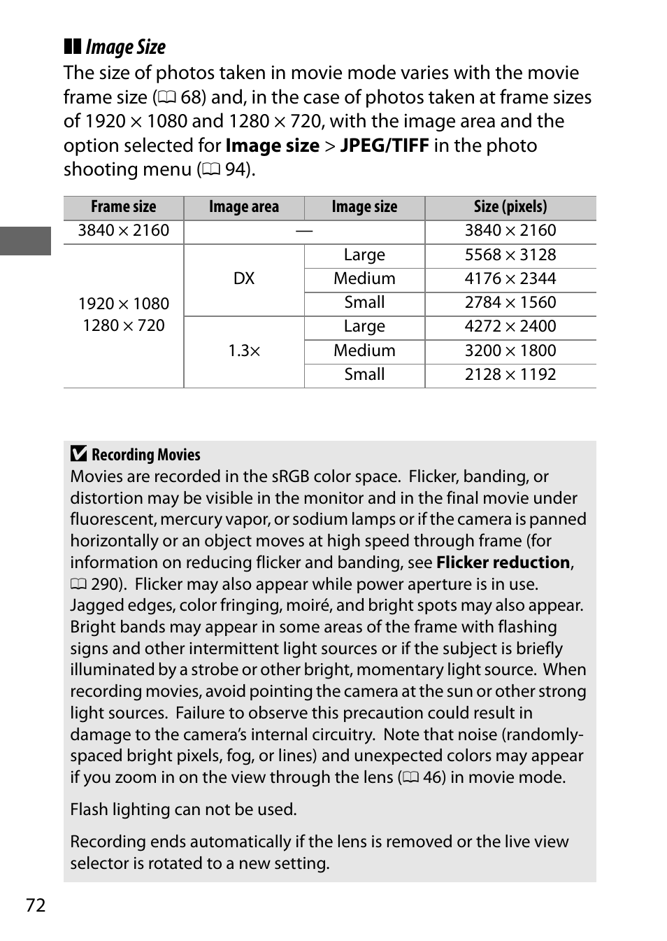 Ge 72, Image size | Nikon D500 User Manual | Page 98 / 432