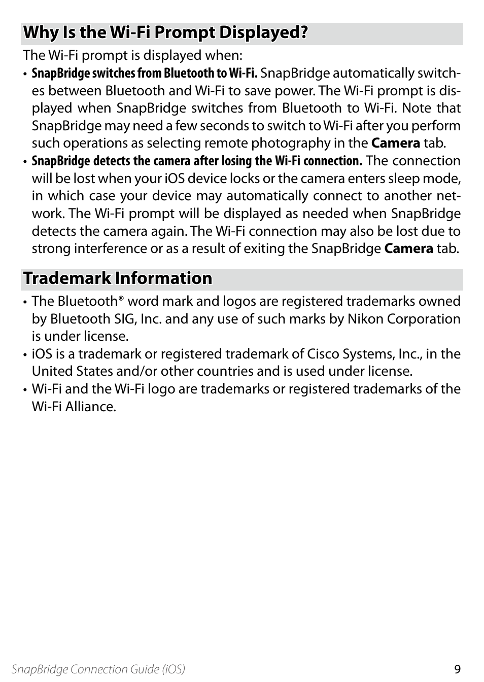 Why is the wi-fi prompt displayed, Trademark information | Nikon D500 User Manual | Page 9 / 9