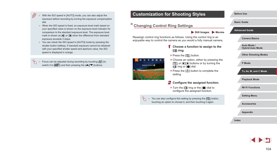 Customization for shooting styles, Changing control ring settings, Changes the shutter speed (= 104) | Canon PowerShot G7 X Mark II User Manual | Page 104 / 225